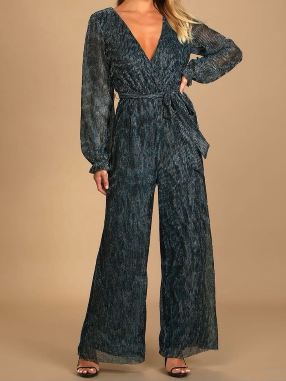 Lulu's Shimmery Deep Teal Wrap Jumpsuit with Self Tie